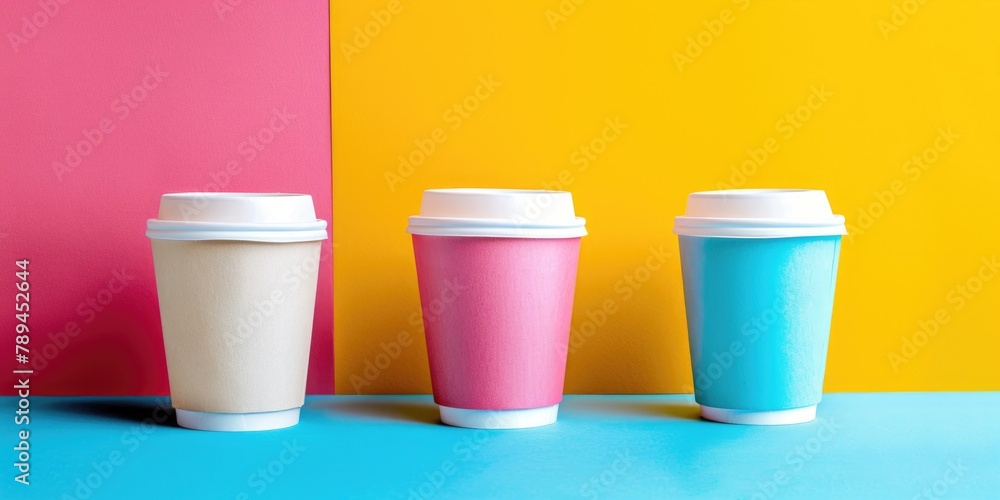 Three coffee cups lined up against a colorful wall. Ideal for coffee shop promotions Three coffee cups lined up against a colorful wall. Ideal for coffee shop promotions