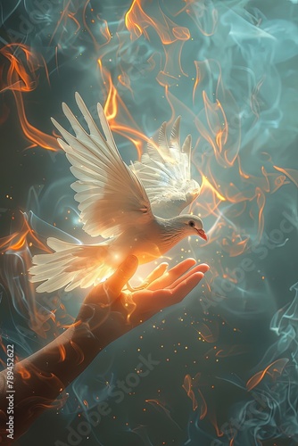 The Holy Spirit descends like a white dove on the palm.