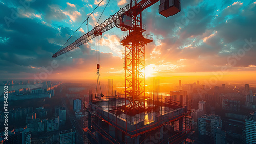 Steel hook crane constructing metal building.generative ai photo
