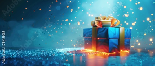 Ray of light effect on blue background of an open gift box. 3D rendering. © Антон Сальников