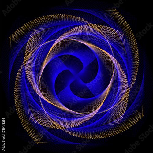 Futuristic background with ethereal blue golden mandala of thin glowing lines. Impressive poster background design.