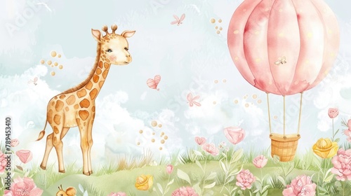 A giraffe standing next to a colorful hot air balloon. Suitable for travel and adventure themes