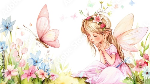 A young girl sitting among colorful flowers and butterflies. Suitable for nature and childhood themes