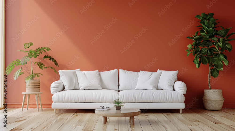 Fototapeta premium living room interior with white sofa and wooden coffee table and terracotta wall