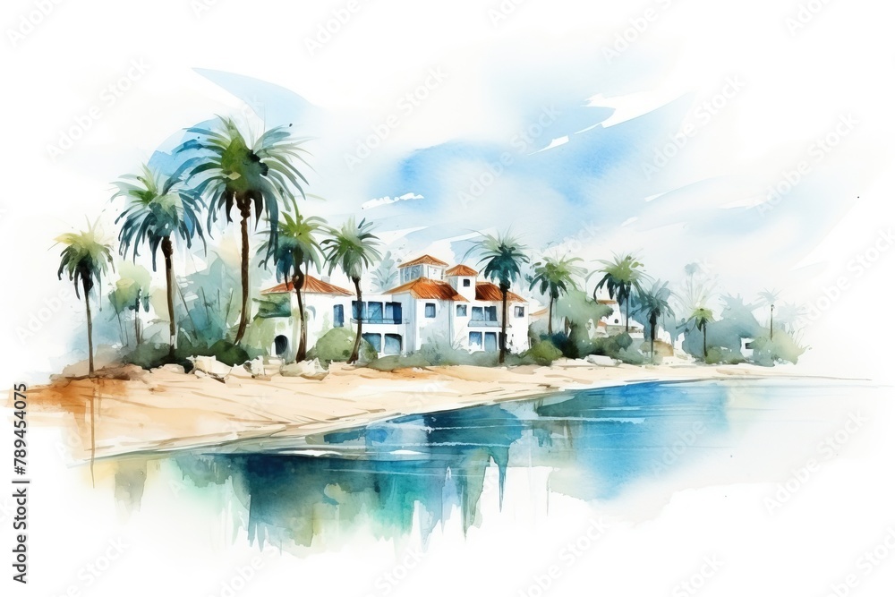 Watercolor painting of houses and palm trees by the sea.
