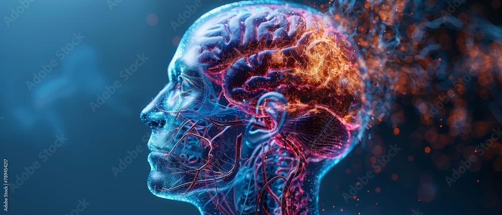 This is a 3D illustration showing the brain and the active vagus nerve (CN X, the tenth cranial nerve). This is a 3D illustration showing the brain and the active vagus nerve (CN X, the tenth cranial nerve).
