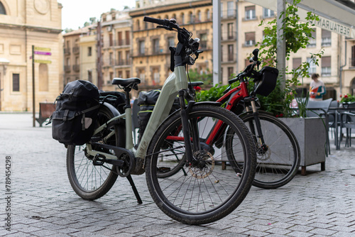 Electric bicycles with saddlebags on the Camino de Santiago. Estella, Navarra