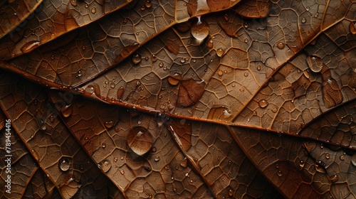 Detailed close-up of a leaf with water droplets. Ideal for nature and environmental concepts #789454416