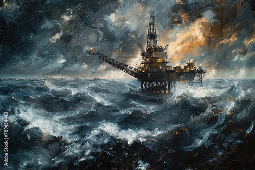Painting of oil rig on tempestuous sea.  photo