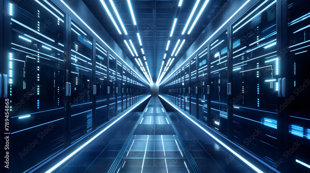 Blue data center computer network server and black racks infrastructure for digital cloud data storage. Hardware security, internet hosting room interior Blue data center computer network server and black racks infrastructure for digital cloud data storage. Hardware security, internet hosting room interior