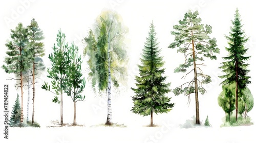 A group of trees painted in watercolor on a white background. Suitable for nature-themed designs