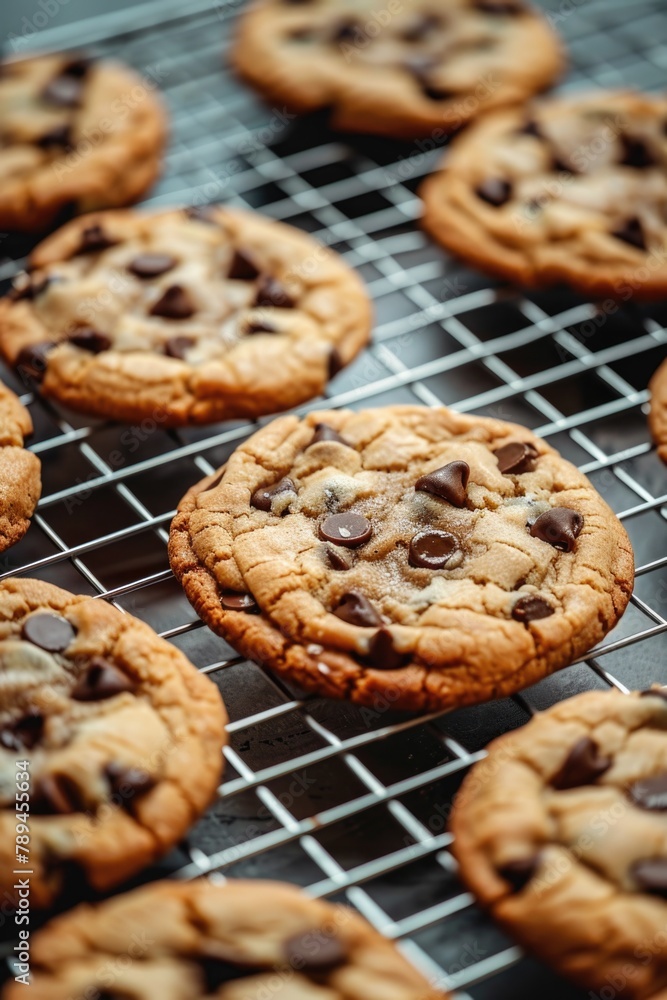 Delicious chocolate chip cookies cooling on a rack, perfect for food blogs or baking recipes Delicious chocolate chip cookies cooling on a rack, perfect for food blogs or baking recipes