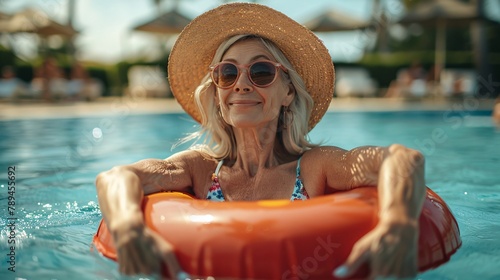 Middle-aged lady relaxing and sunbathing in the pool