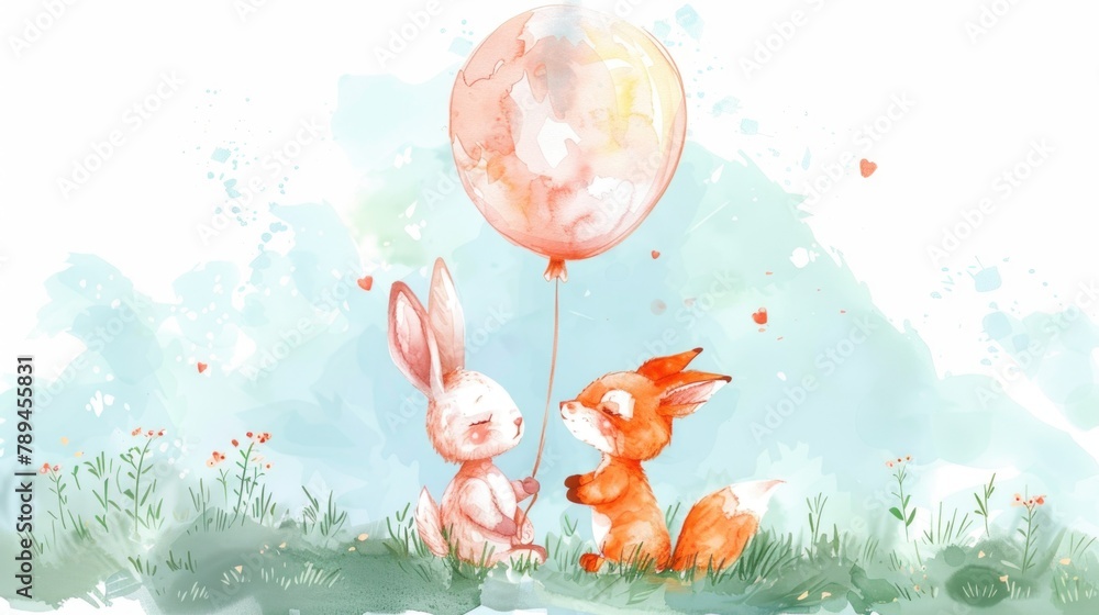 Fototapeta premium Cute painting of a fox and rabbit holding a balloon. Suitable for children's books or greeting cards