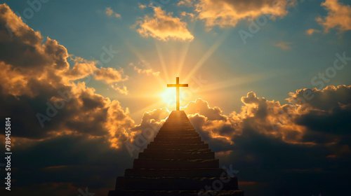 Staircase leading to heaven with silhouette of the Christian cross with clouds on the sky and sunlight in the background. Faith religion stairway to paradise, Jesus Christ, hope after death