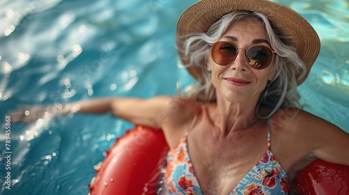 Middle-aged lady relaxing and sunbathing in the pool