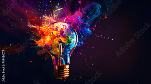 A light bulb exploding with colorful energy. symbolizing creative ideas and innovation photo