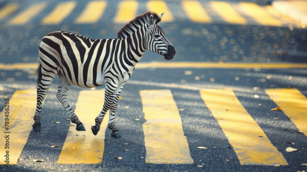 Fototapeta premium A zebra crossing the street in broad daylight. Suitable for transportation concepts