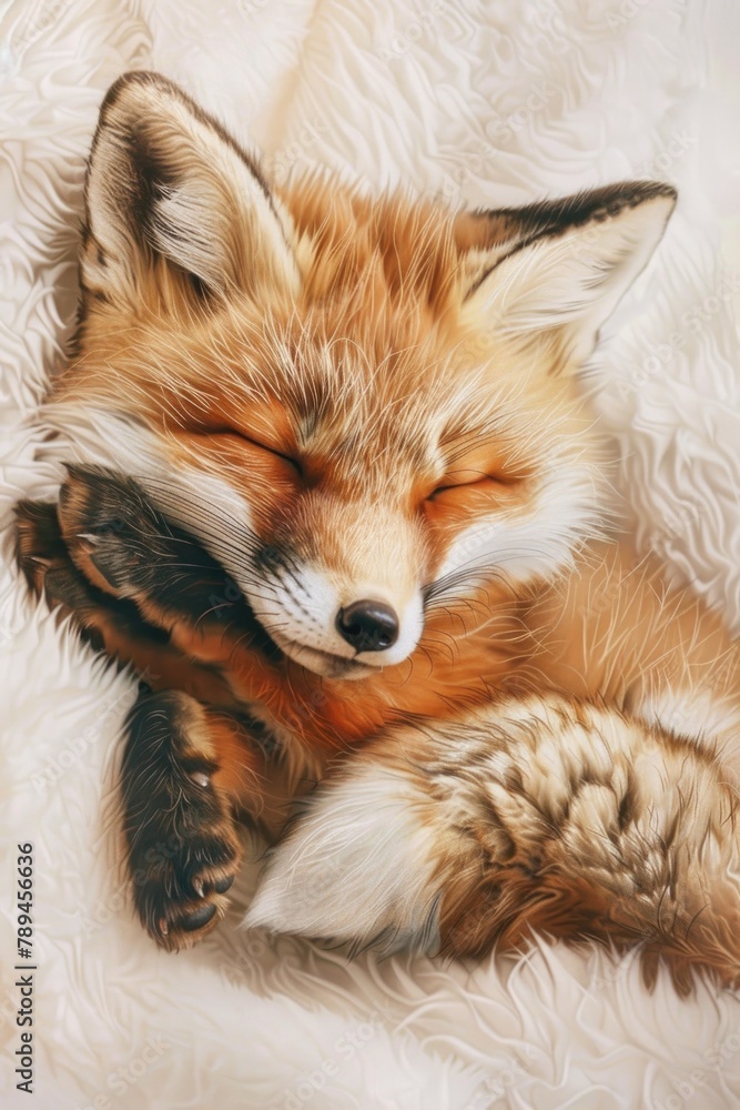 Naklejka premium A peaceful image of a sleeping fox on a cozy blanket. Perfect for animal lovers or relaxation concepts