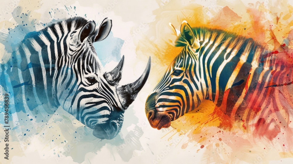 Fototapeta premium A painting of two zebras standing side by side. Perfect for wildlife enthusiasts or nature lovers