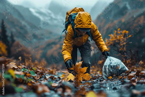 A hiker picking up litter along a trail, demonstrating responsible outdoor recreation and conservation ethics