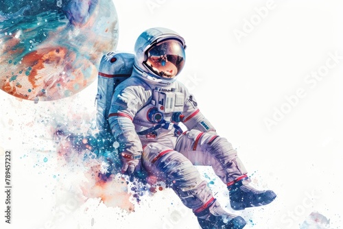 Astronaut in spacesuit with planet backdrop, suitable for science fiction concepts photo