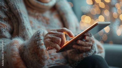 Close-up of an elderly person's hand using a tablet To connect and receive news in the digital age.