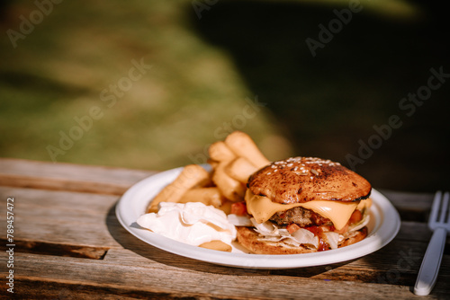 Valmiera, Latvia- July 29, 2023 - A cheeseburger with fries on a paper plate, on a wooden table with a plastic fork, with a green blurred background.