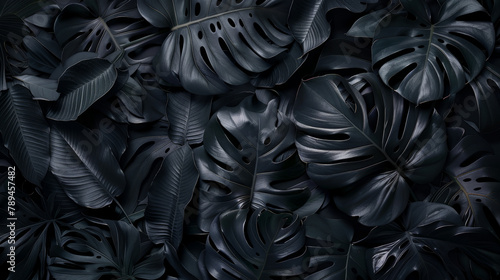 Textured abstract black leaves create a dark and tropical backdrop.