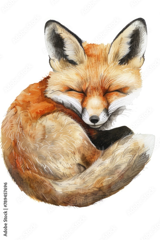 Fototapeta premium A peaceful red fox curled up asleep. Suitable for wildlife and nature themes