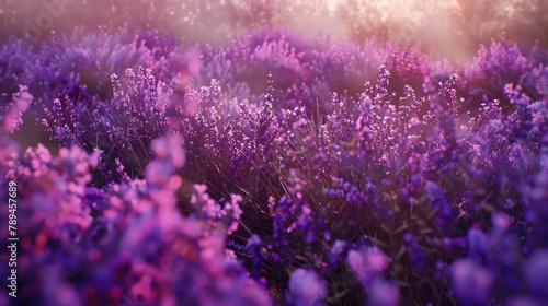 A beautiful field of purple flowers with the sun shining in the background. Suitable for nature and outdoor concepts
