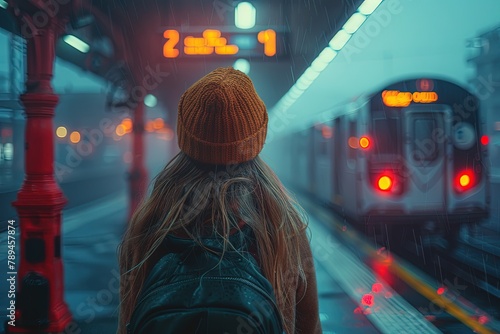 Woman waiting for the train on the station platform.