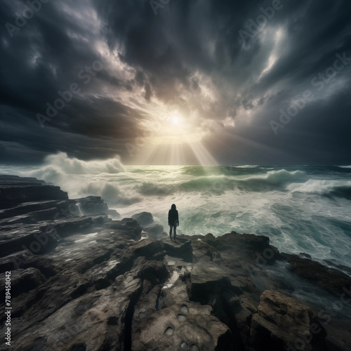 Woman standing on coast of storm sea © Kokhanchikov