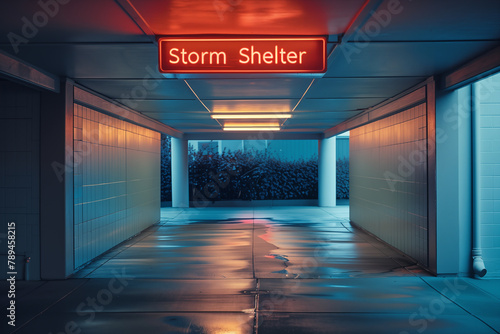 Illuminated entrance to storm shelter with neon sign at night, leading to outdoor area