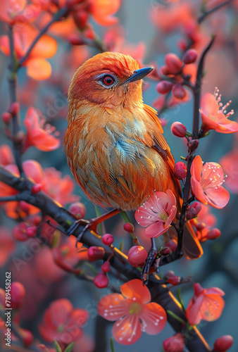 colorful bird perching on tree branch caption, in the style of fantastic realism, colorful fantasy realism line neon art,generative ai