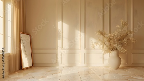 A room for dressing or putting on makeup has a mirror and minimalist decorations. Muji, warm light, pleasing colors