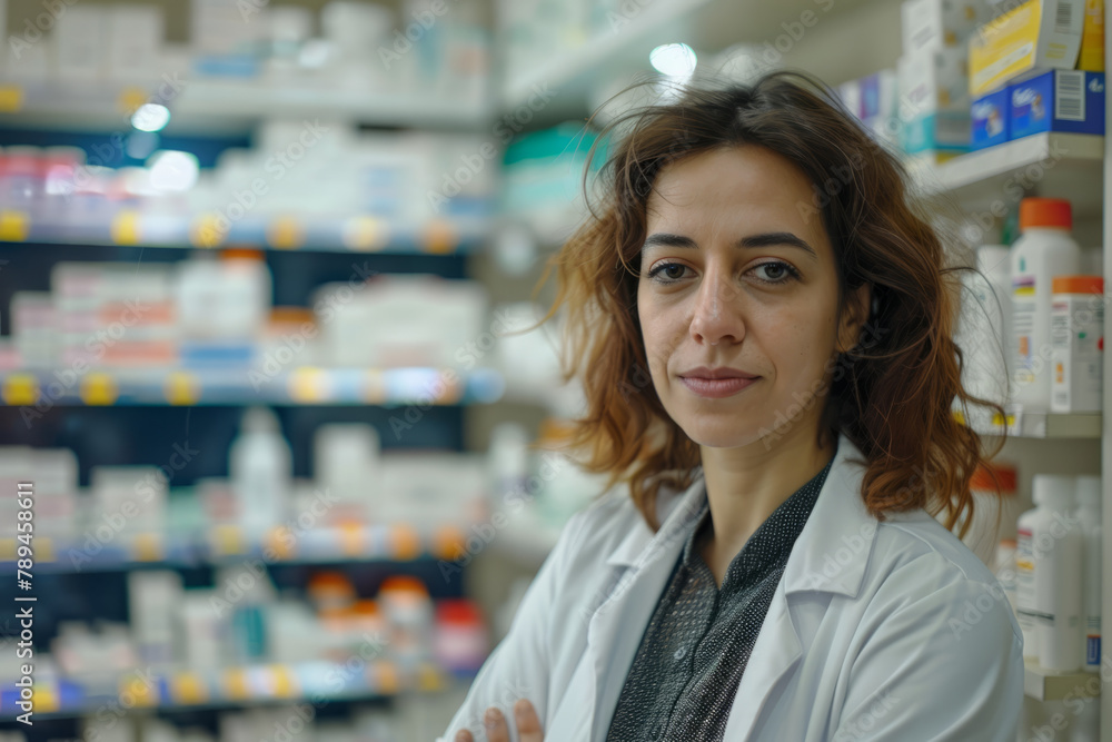 Closeup Portrait of a female pharmacist in a modern pharmacy, standing by the medication shelves and making eye contact with the camera, 