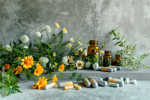 Different dietary supplements and vitamins in jars, arranged by herbs and flowers, on a marble surface. Healthy lifestyle concept, natural and alternative medicine. photo