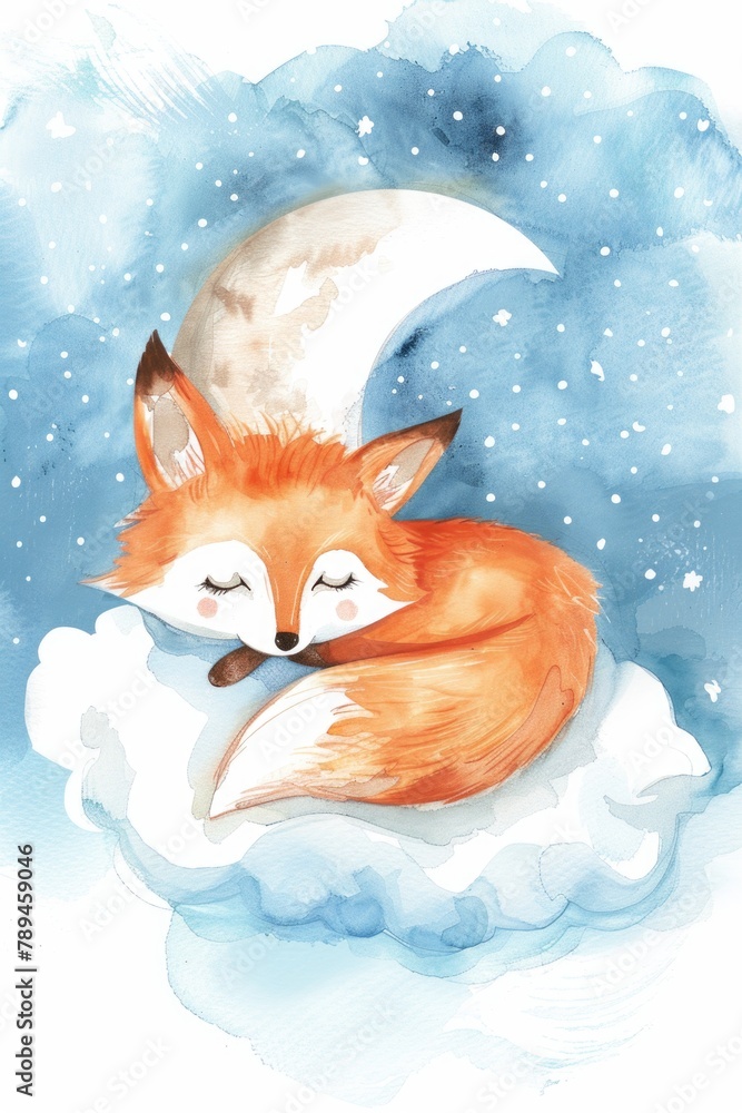 Naklejka premium Cute watercolor painting of a fox peacefully sleeping on a fluffy cloud. Suitable for children's books or nursery decor