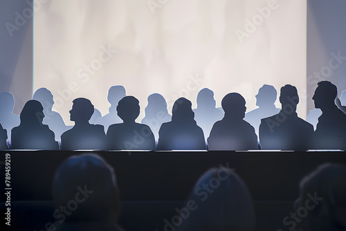 paper cutout of a row of spectators in the cinema seen from behind, against the light