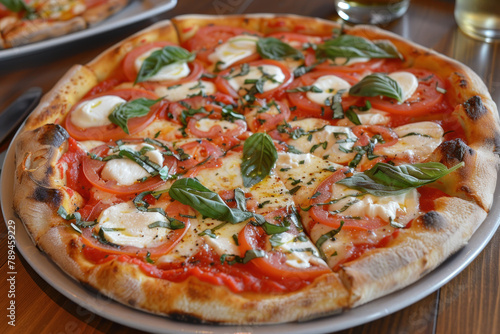 Margherita Pizza served on a wooden board from the brick oven