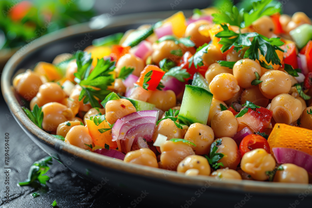 Plating design of vegan chickpea salad with fresh ingredient appetizer Plating design of vegan chickpea salad with fresh ingredient appetizer
