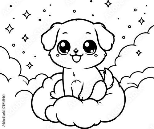Chien ou chiot dessin animé style cartoon - manga - kawaii pour page ou livre de coloriage pour enfant. Isolé du fond, dessin au trait noir totalement transparent et prêt a colorier et ajuster. 