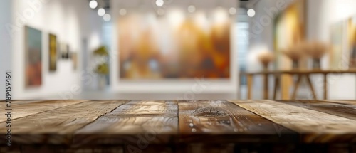 Vintage wooden table placed within interior gallery space  illuminated by ceiling lights  with blurred artistic paintings in background. Ideal for promoting art  crafts  social gatherings  exhibitions