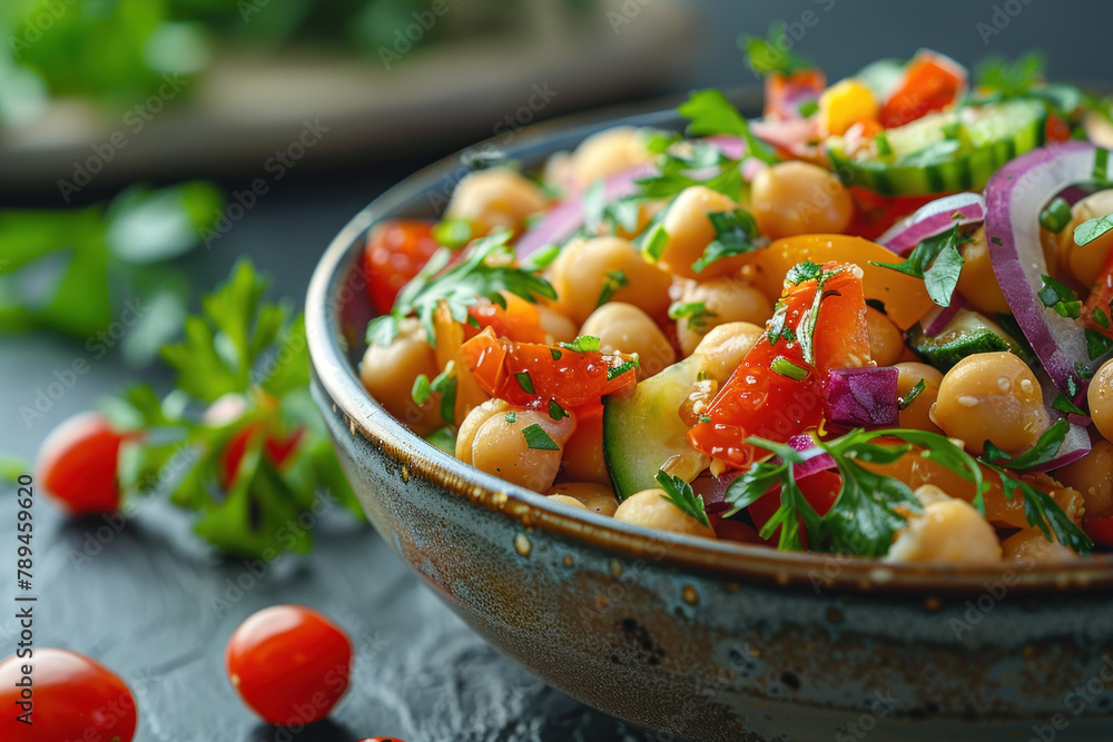 Plating design of vegan chickpea salad with fresh ingredient appetizer Plating design of vegan chickpea salad with fresh ingredient appetizer