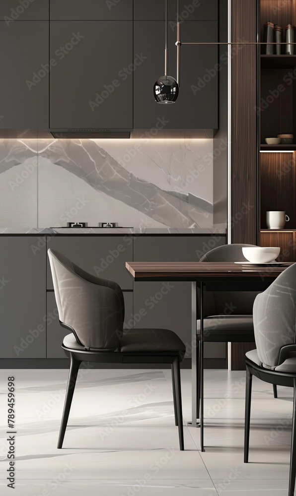 Fototapeta premium Modern minimalist style, dining table with chairs and kitchen cabinets in the background, high-end gray color scheme, soft lighting, wooden grain texture, contemporary furniture design.