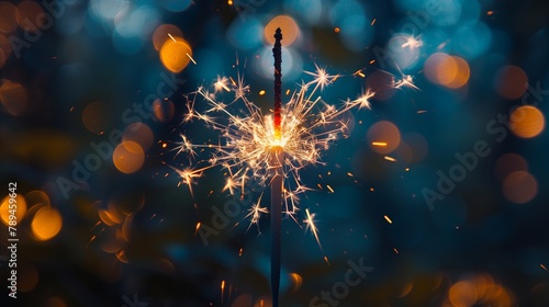 4th of July  Independence Day greeting card background banner. Sparkler radiates a firework of golden sparks  its brilliance set against the hazy twilight of a serene night.