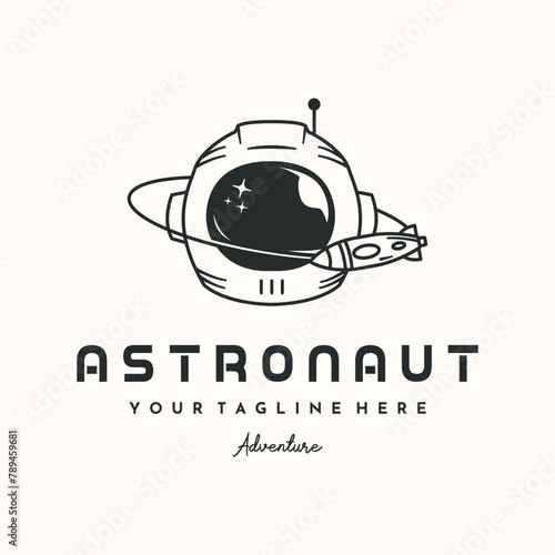 space rocket line art logo vector minimalist illustration design, astronaut helmet logo design