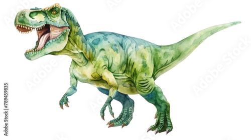 Detailed watercolor painting of a dinosaur with its mouth open. Ideal for educational materials or children's books
