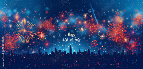 Happy 4th of July lettering Fireworks Display over Urban Skyline. Independence Day greeting card background banner. photo